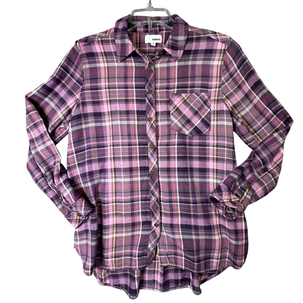 Sonoma Plaid Flannel Button Down Shirt Purple Pink Grunge Casual Cozy Fall Med‎